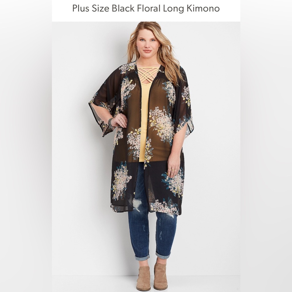 Plus Size Black Floral Long Kimono